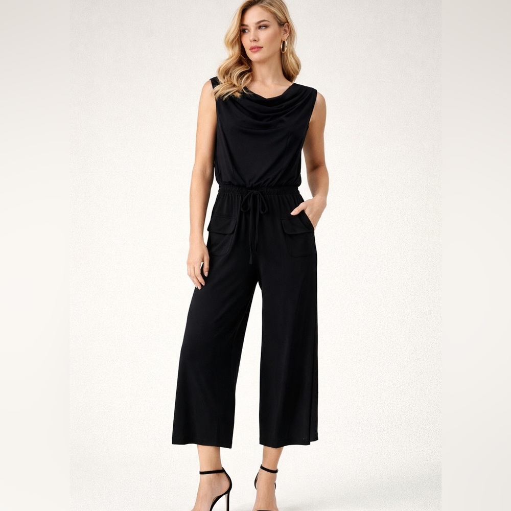 Vince Camuto Navy Blue Jumpsuit Sleeveless Cowl Neck Tie Waist Wide Leg Size M